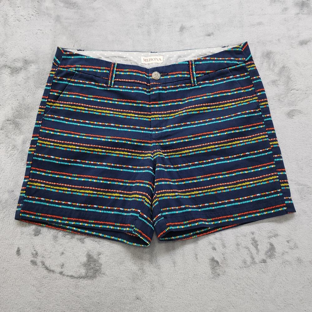 Merona Shorts Women 6 Blue Multi Dot Striped Mid Rise Chino Cotton Office Casual